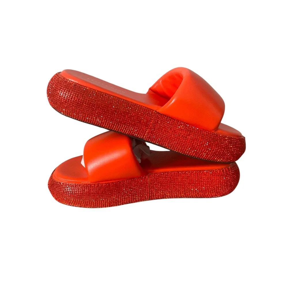 Azalea Wang Switzerland Orange Rhinestone Platform Slide Sandals Womens 7.5